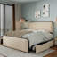 Grand lit moderne beige avec tête de lit tapissier et 4 tiroirs de rangement, tête de lit entièrement en métal, lattes robustes-1178870630