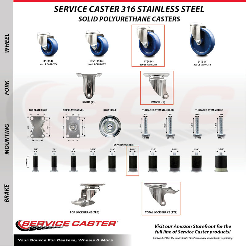 Ensemble de 4 roulettes extensibles en poly, H 4 po x l 4 po