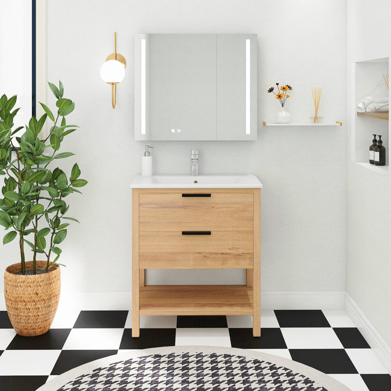 Meuble-lavabo simple 30 po avec plateau en céramique Andreaz, Brun, Blanc