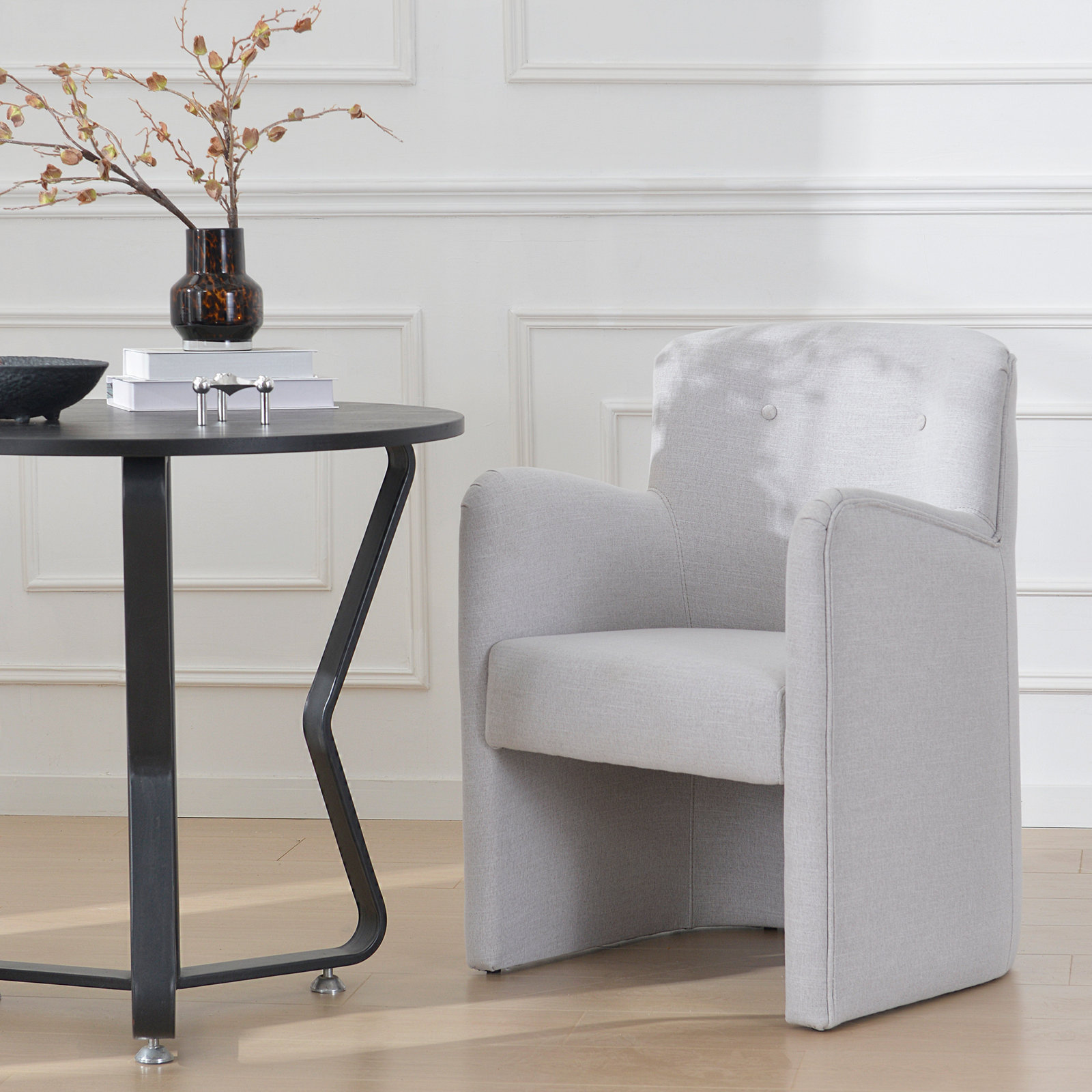 Jaidyn Linen Pine Dining Armchair, Light Gray