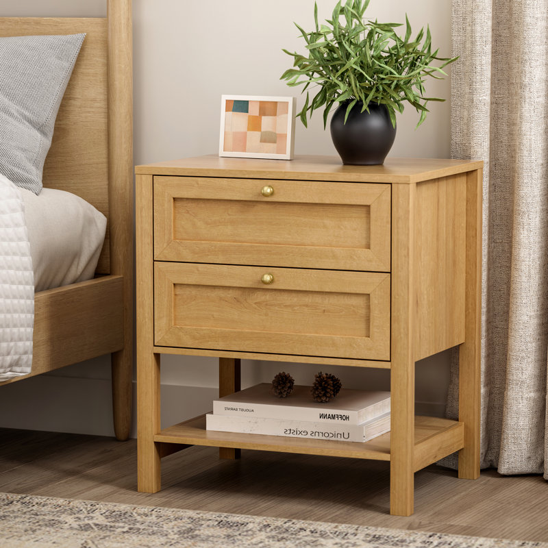 Wooden Nightstand With 2-Drawer And Shelf, Oak