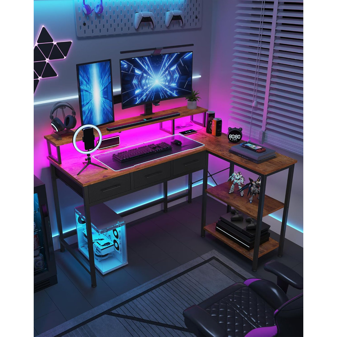 Computertisch, Schreibtisch, Gaming Tisch Mit Led, Schreibtisch Gaming Mit Steckdose, Bürotisch Mit Monitorständer, Pc T...