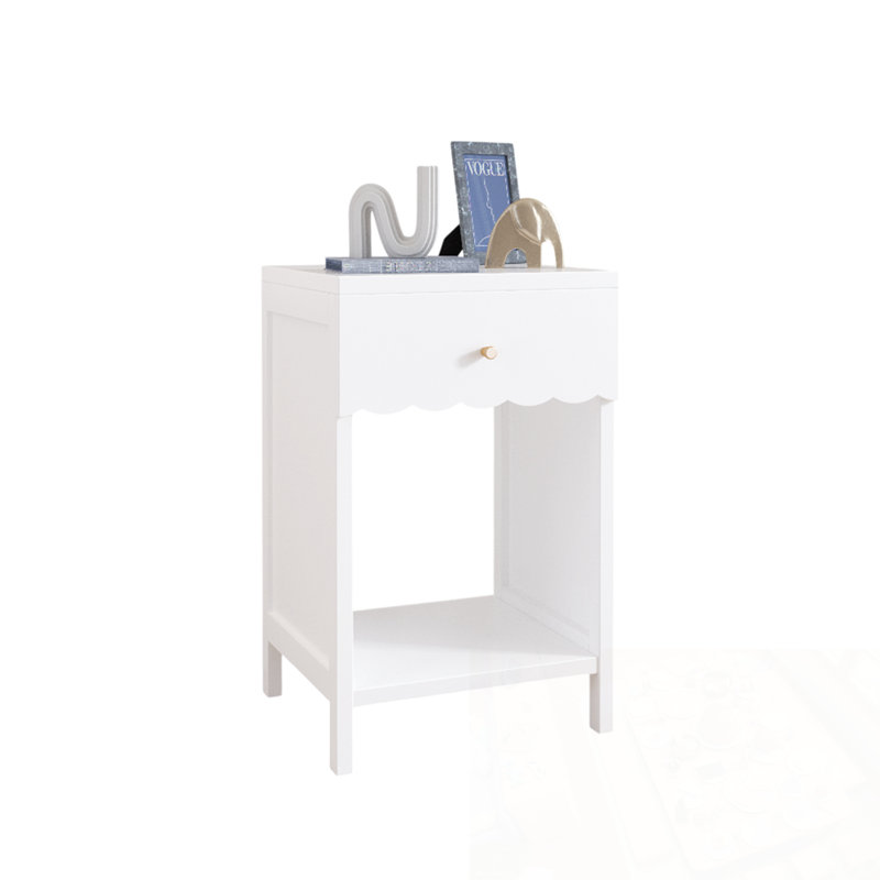 Modern Nightstand with Drawer and Open Shelf, Scalloped Edge Bedside Table for Bedroom, White