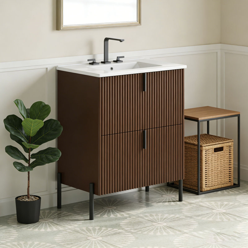 Meuble-lavabo 30 po avec lavabo en céramique, Marron foncé