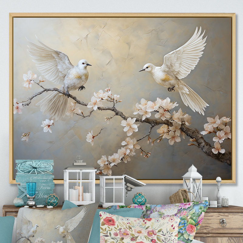 «White and Grey Birds Floral Serenity I», art mural oiseau, Cadre flottant brun, H 34 po x l 44 po x P 1,5 po