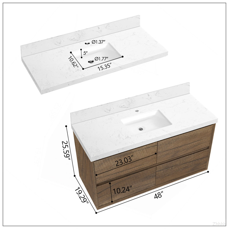 Ensemble de meuble-lavabo mural 48 po, 25.59" H x 48" W x 19.29" D, Oak