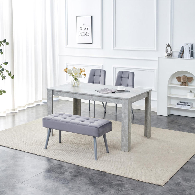 Dining Table and 2 Chairs And Bench Oak Effect Wood Table 1 Grey Velvet Chairs Dining Room, 75" H x 117" L x 77" W