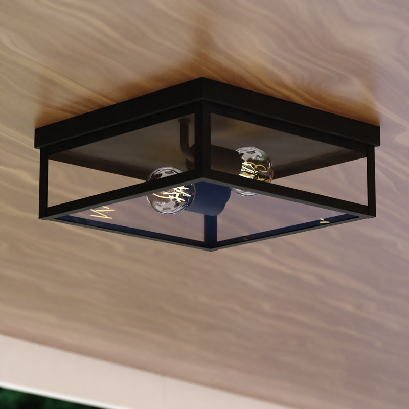 Clinton 12 In. W 2-Light Matte Black Transitional Outdoor Flush Mount Ceiling Light With Clear Glass Shade, LED Compatible, Made Of Durable Steel For Exterior Porch Patio Front Door Or Garage