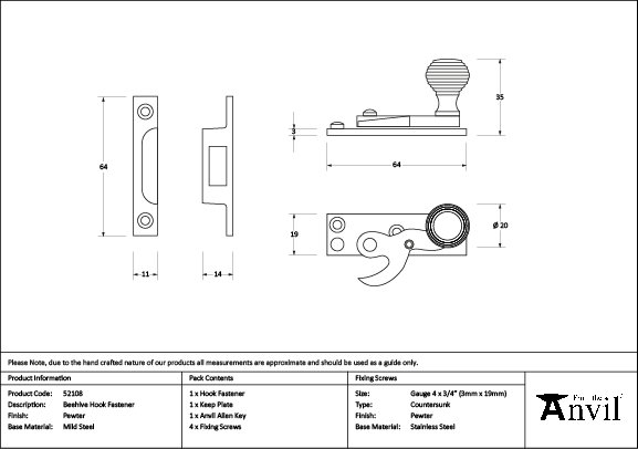 Beehive Sash Hook Fastener, Pewter Patina