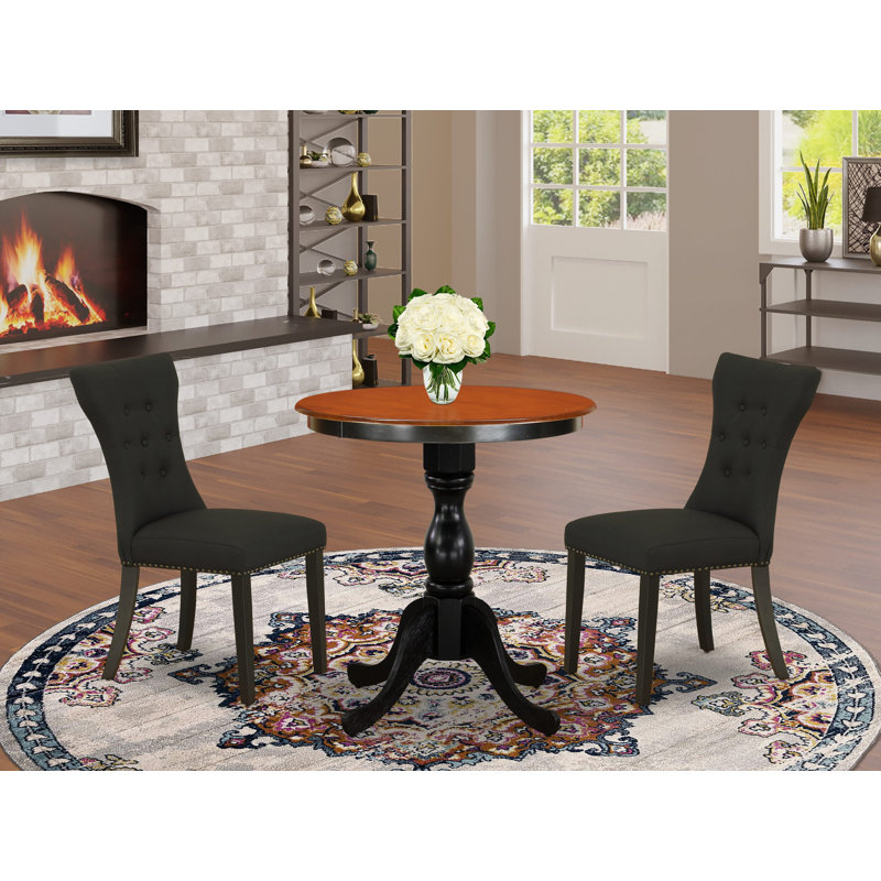 Ensemble de table de cuisine 3 pièces pour petits espaces comprenant une table de salle à manger ronde avec piédestal et 2 chaises rembourrées en tissu noir, noir et cerise
