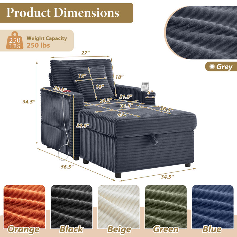 Corduroy Chaise Lounge Chair Indoor with Hidden-Armrest Table &Storage Ottoman,Upholstered Oversized Accent Chair with USB Charge Ports&Cup Holder, Comfy Reading Sofa Chairs for Living Room,Bedroom