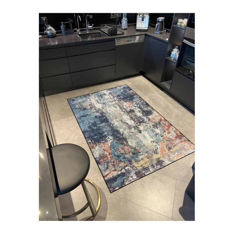 Tapis tissé à motif pastel bleu ciel et motif lavable, Rectangle 3 pi 4 po x 5 pi