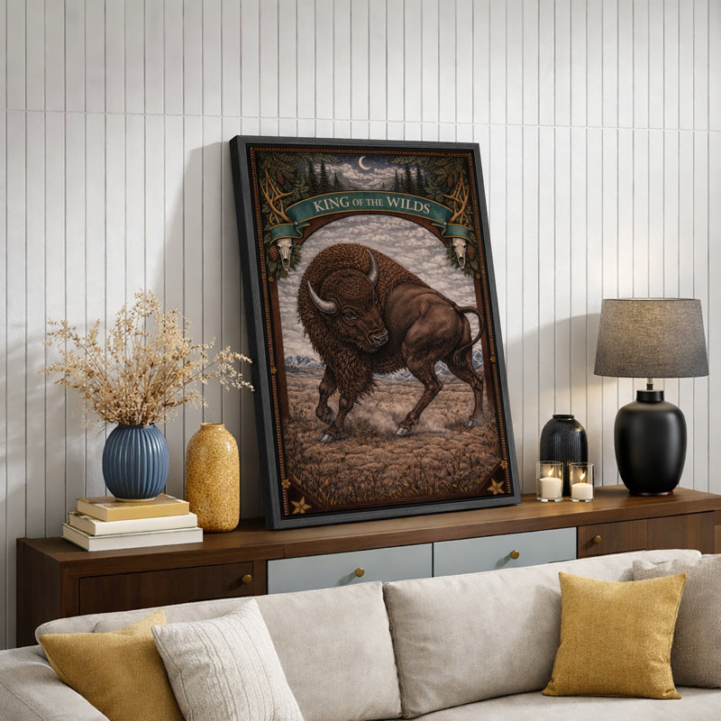 «Rustic Wildlife Animal Kingdom», art de Buffalo, Structure noire, H 24 po x l 16 po, 1 pièce Bull
