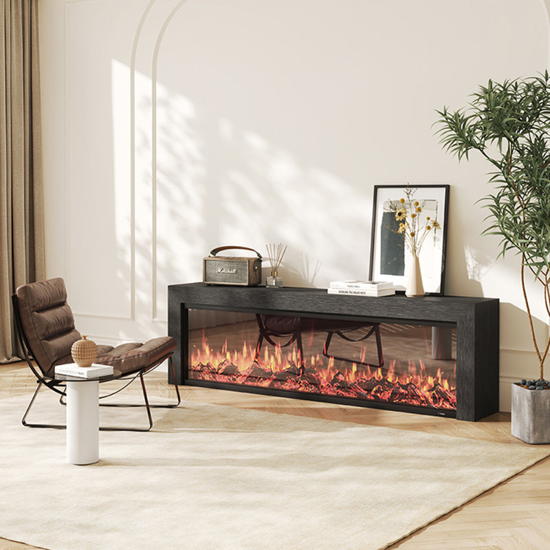 Black Solid Wood TV Cabinet Fireplace, 27.56" H x 78.74" W x 12.6" D