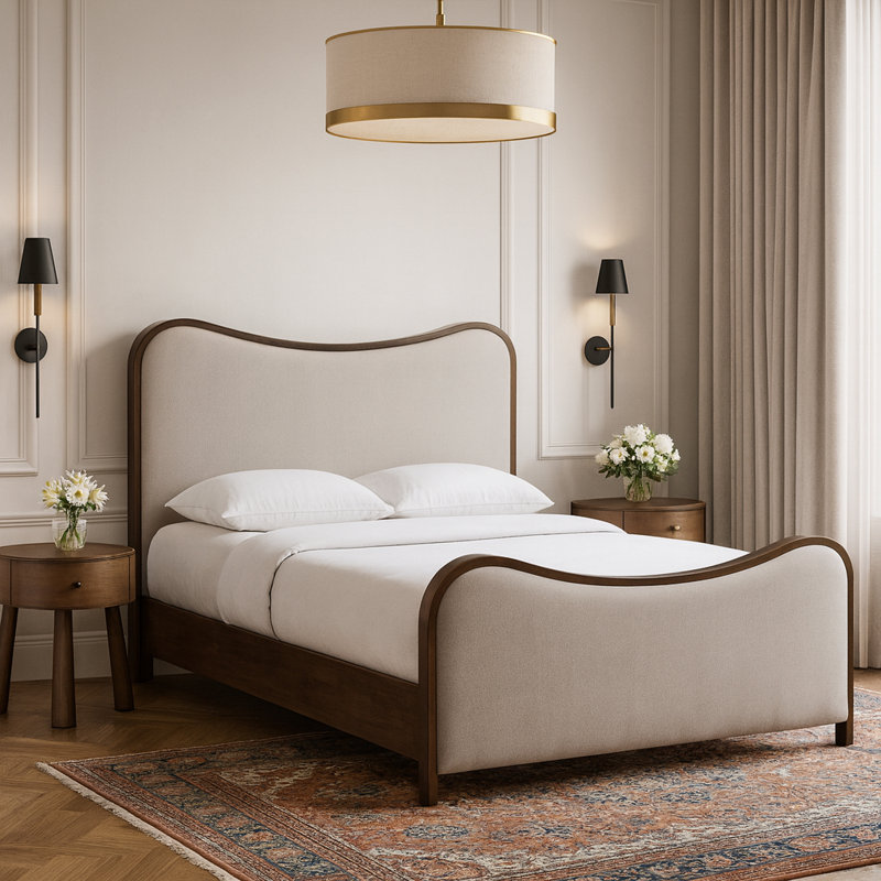 Lit tapissier Arvada, Très grand, Tissu texture lin beige / brossé noyer
