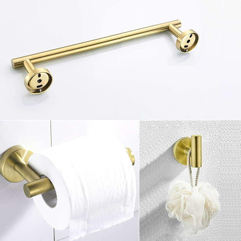 3 Bathroom In Gold - Sus304 Stainless Steel Hardware. Rustproof Bath Accessories. 12" Towel Bar, Toilet Paper Holder, Robe Hook. Contemporary Design With Smooth Finish. Easy Maintenance. Mounting