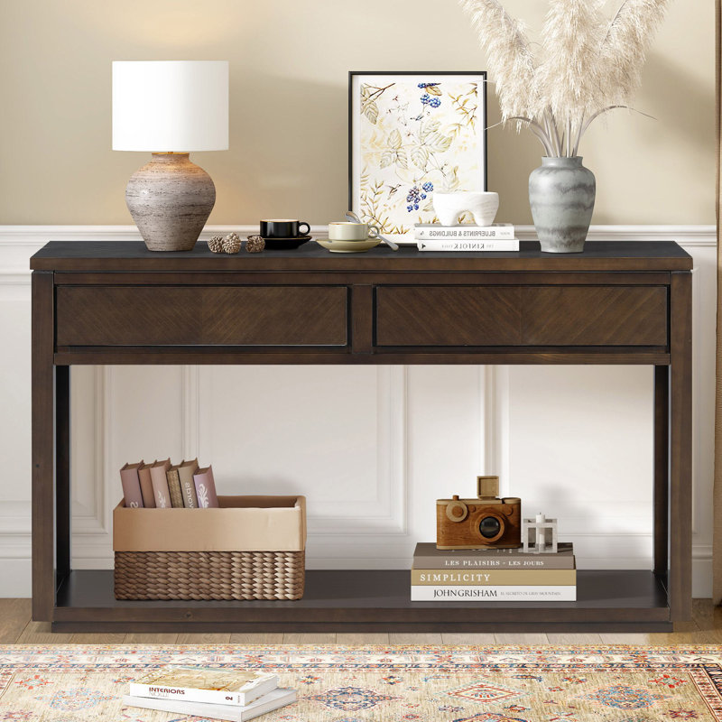 Console rustique en bois avec tiroirs de rangement et tablette ouverte, Brun