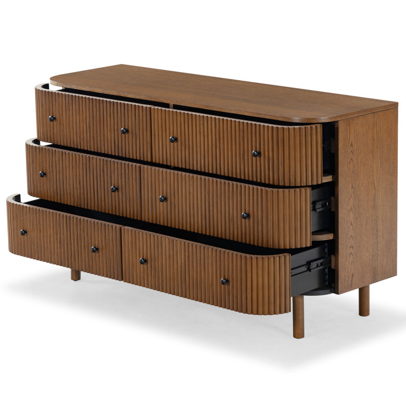 Shelbie 6 Drawer Reeded Dresser, Medium Oak