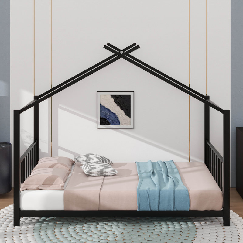 Lit plateforme simple en métal avec toit de maison, Noir