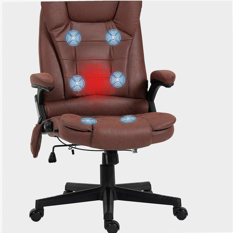 Chaise de bureau chauffante à 6 points de massage chauffant par vibration, fauteuil de bureau haut dossier en microfibre, avec dossier réglable, accoudoirs et télécommande, rouge