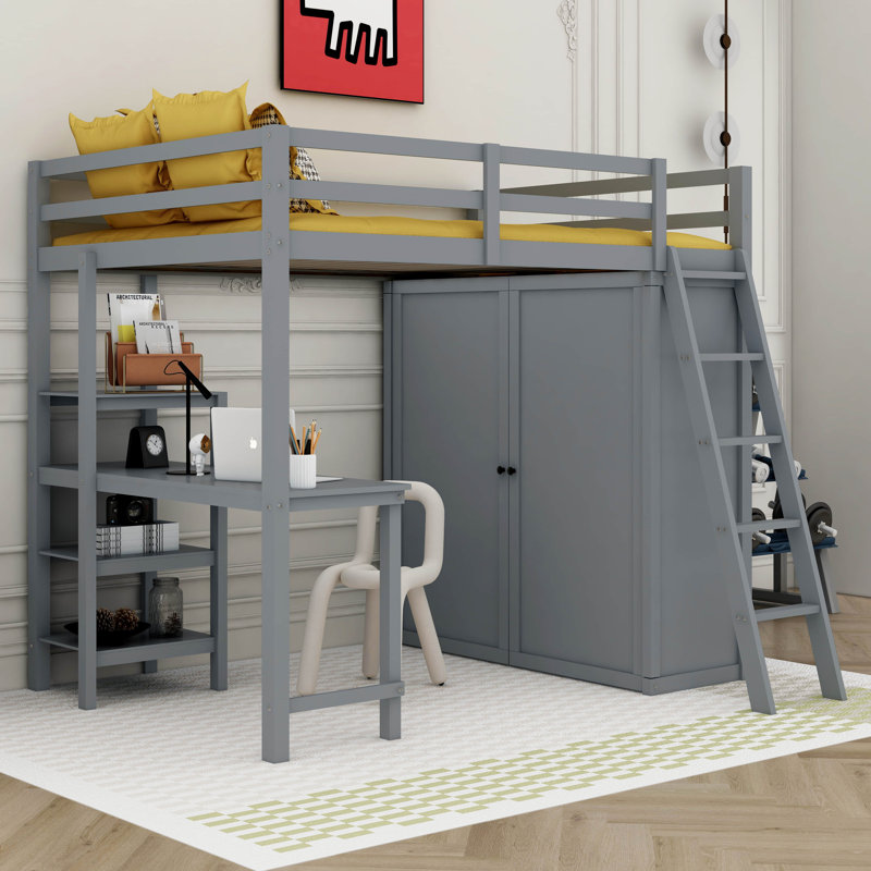 Lit mezzanine double avec garde-robe Hedieh, Gris