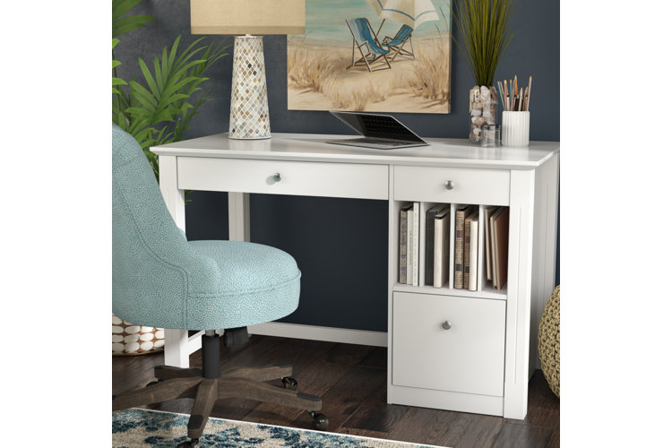small white desk with sea blue chair