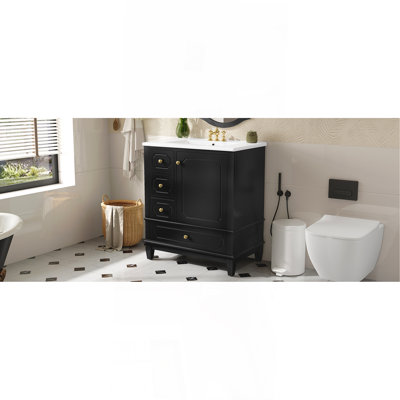 Meuble-lavabo 30 po avec lavabo, meuble-lavabo autoportant noir avec lavabo en céramique, structure en bois massif, porte à fermeture en douceur, 3 tiroirs, panneau de fibres à densité moyenne peint et bois d'hévéa, tablettes de rangement incluses