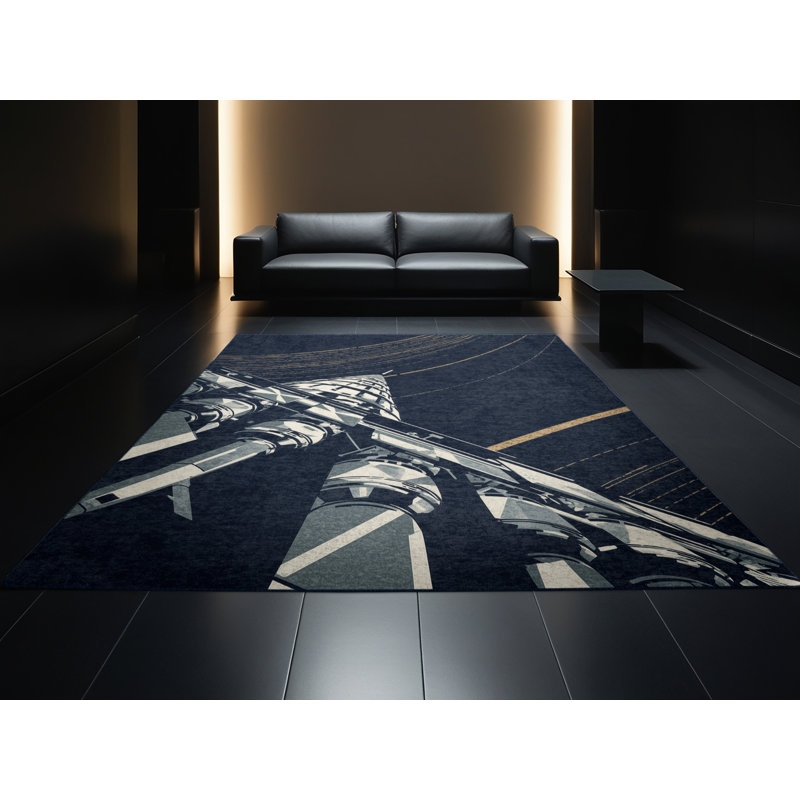 Tapis arc-en-ciel doux et moelleux à motif stationnaire bleu marine - Reliure marine, 2 x 4