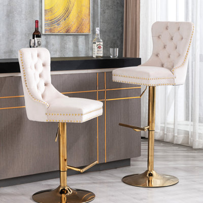 27-35 pouces réglable - beige, velours rembourré avec dossier pour un style accrocheur, pub à la maison et cuisine épais en velours beige doré pivotant, hauteur, un élément magnifique,