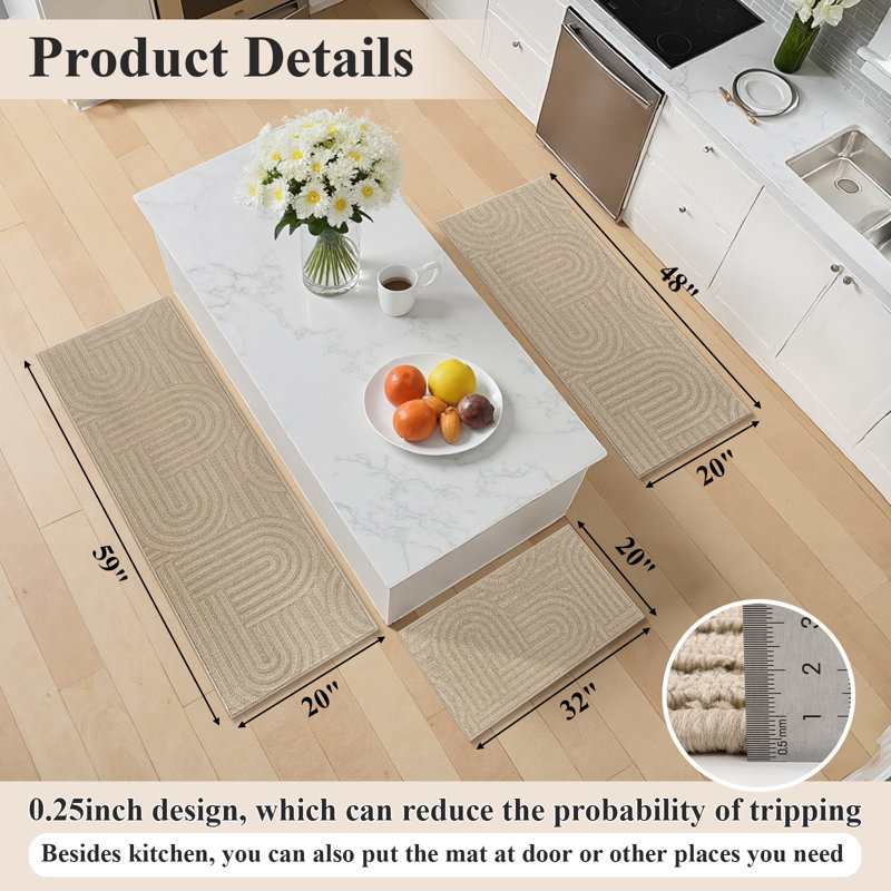 Wear-Resistant Kitchen Mat Runner Rug(Set of 3), Beige