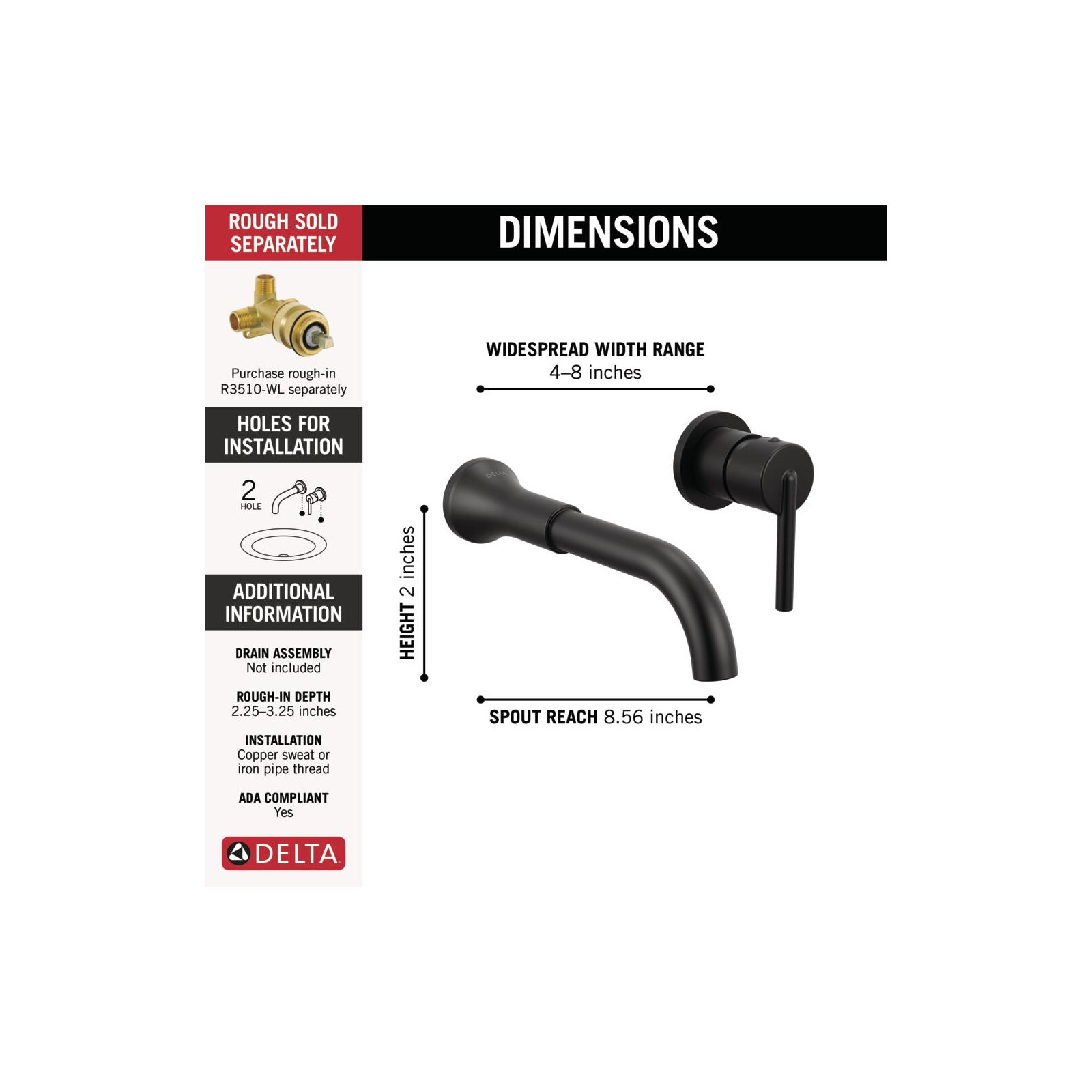 Trinsic Wall Mounted Bathroom Faucet, Matte Black
