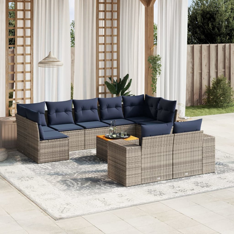  Ensemble de canapé de patio 10 pièces avec coussins en rotin de polyester gris
