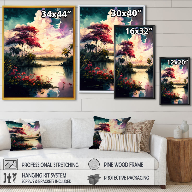 «Beautiful Sunset over a Tropical Lake II», reproduction sur toile, H 44 po x l 34 po x P 1,5 po, Cadre flottant noir