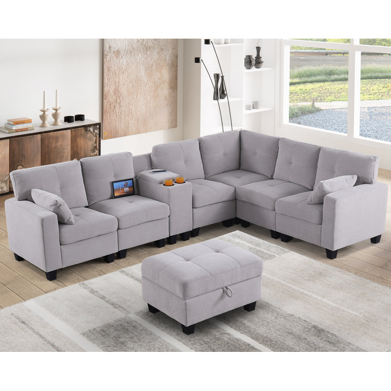 Canapé modulaire rembourré 8 pièces avec ports USB et repose-pieds avec rangement Chesham, Mélange de polyester gris clair