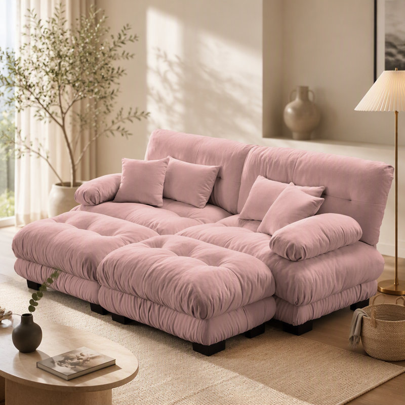 Canapé confortable en chenille avec plusieurs coussins et repose-pieds pour le salon, Chenille rose