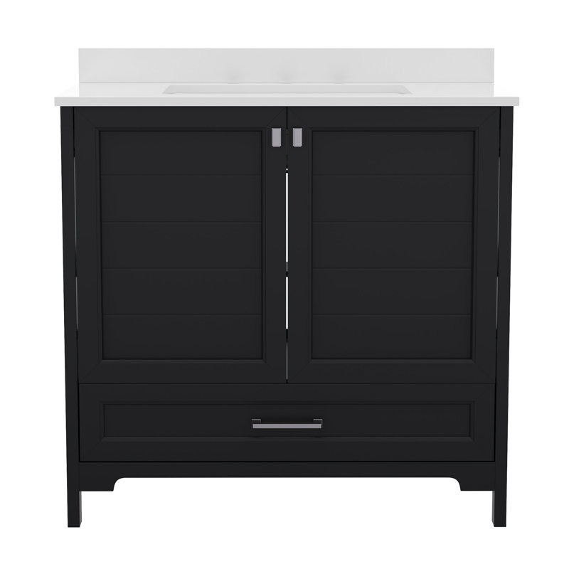 Meuble-lavabo de salle de bain avec lavabo encastré, armoire et tiroir, Noir, Nickel