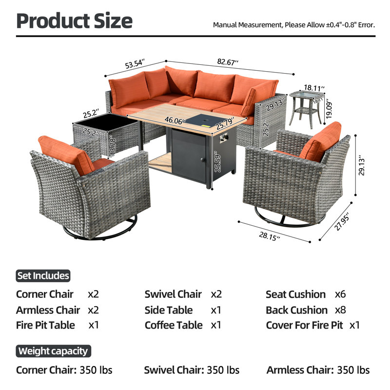 Paleosofos Wicker 6 - Person Patio Conversation Set with Cushions, Orange