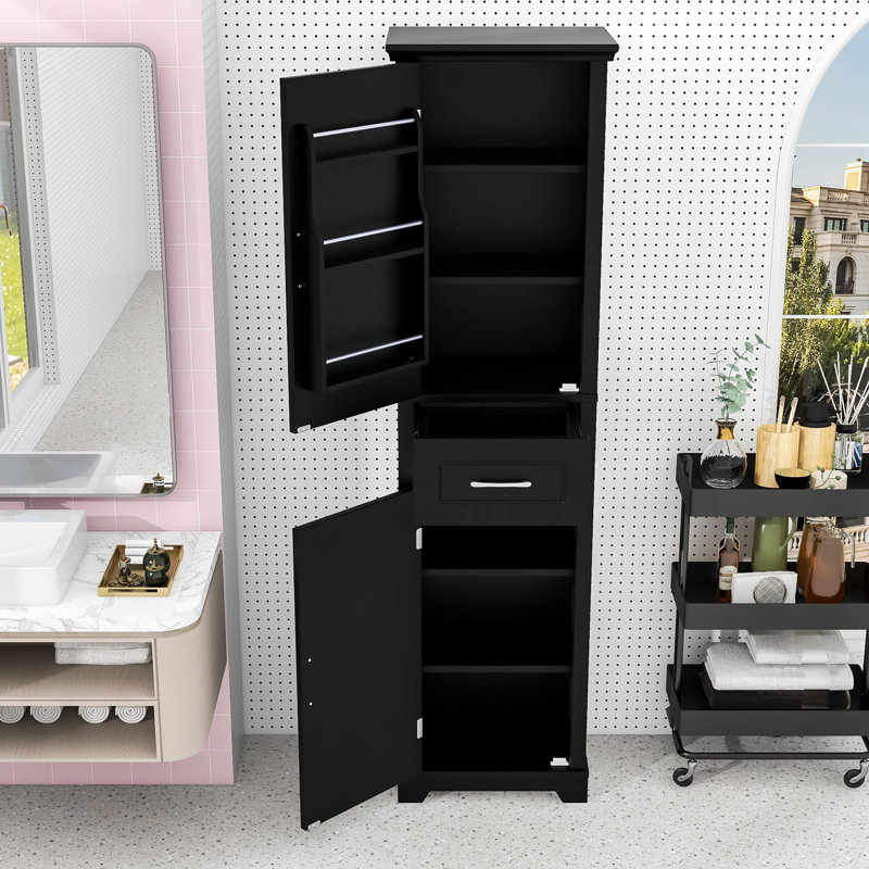 Tall Freestanding Bathroom Storage Cabinet with Adjustable Shelves, Drawer and Anti-Toppling Design, Black