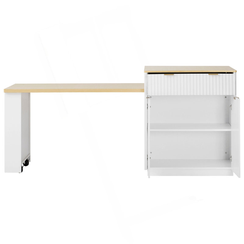 Îlot de cuisine cannelé de 82,6 po avec table de salle à manger extensible pour 4 à 6 personnes, table d'îlot de cuisine avec prise de courant, table de cuisine avec rangement double, 2 tiroirs et 2 tablettes latérales ouvertes