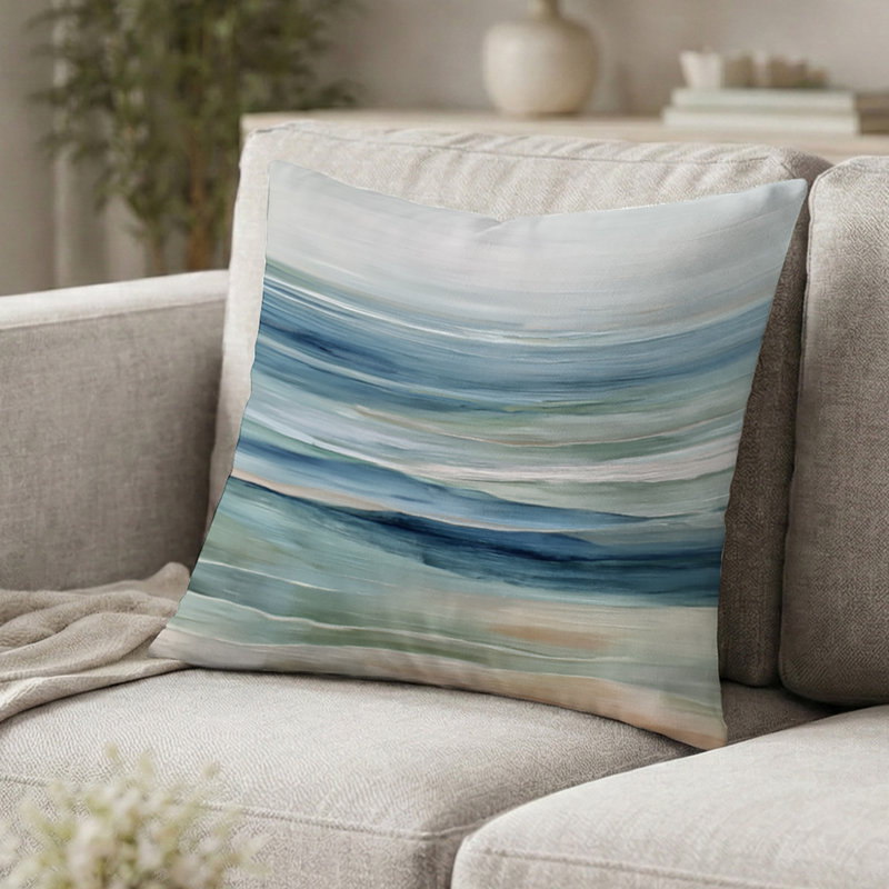 Coussin bleu et vert plage de paysage côtier - Coussin décoratif de plage, H 18 po x l 18 po