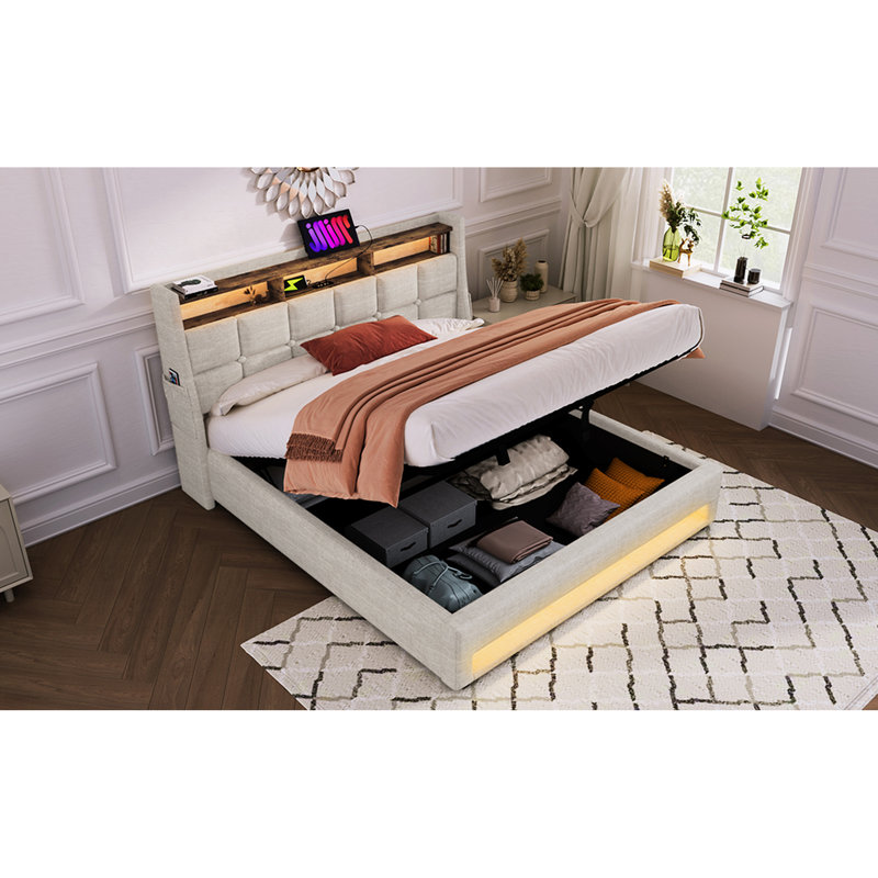 Lit double rembourré avec système hydraulique, DEL - charge naturelle et rangement classique, Naturel, Lit double