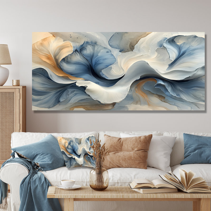 Océan bleu délicat pétales floraux IV - fleurs abstraites, art mural, H 28 po x l 60 po, Toile tendue, Ne s’applique pas