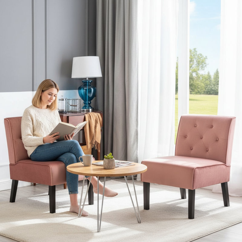 Fauteuil d'appoint 2 pièces à dossier boutonné, Rose