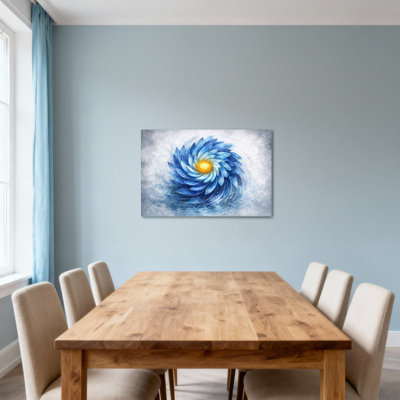 Plantes et fleurs, fleur en spirale bleue avec centre doré, H 32 po x l 48 po