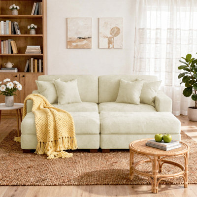 4-Piece Upholstered Red Corduroy Modular Sectional Sleeper Sofa Set With Armchairs & Removable Ottomans