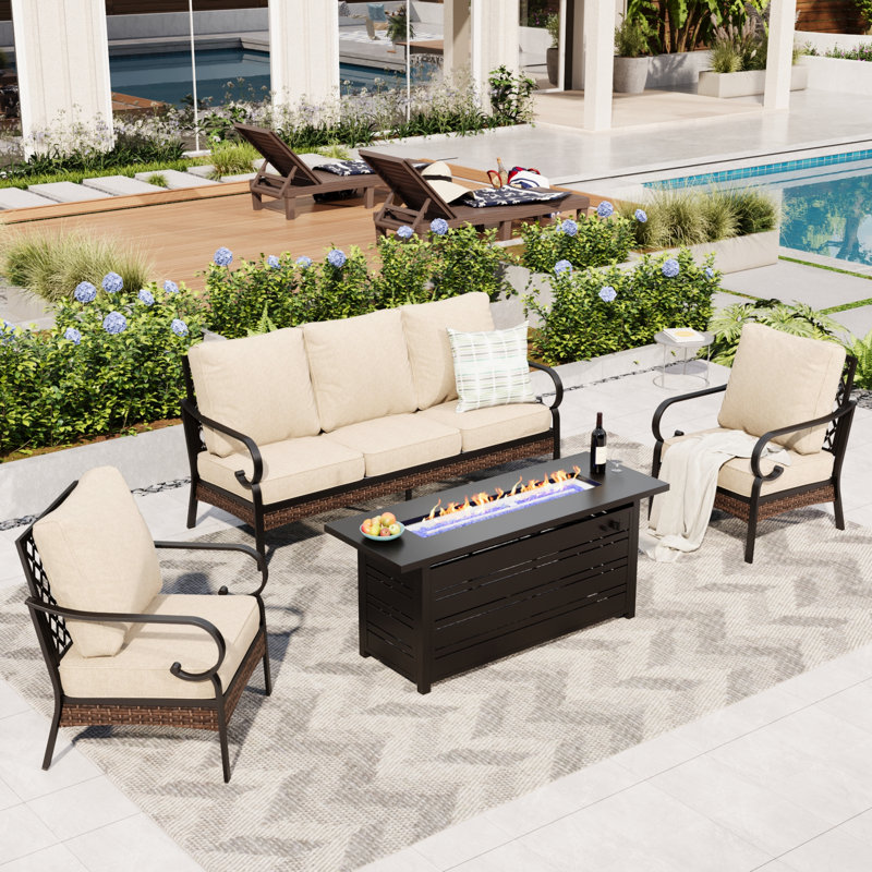 Ensembles de conversation pour patio 5 personnes avec foyer, Noir / beige / noir