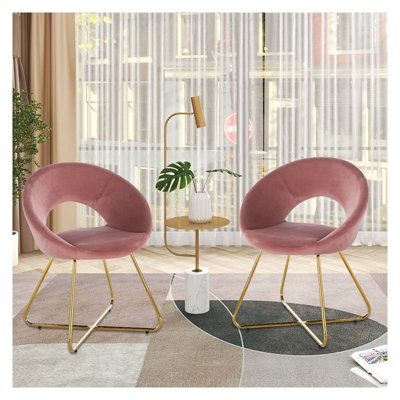 Modern Velvet Accent Chair Set of 2 - Pink Upholstered Dining or Lounge Chairs with Gold Metal Legs