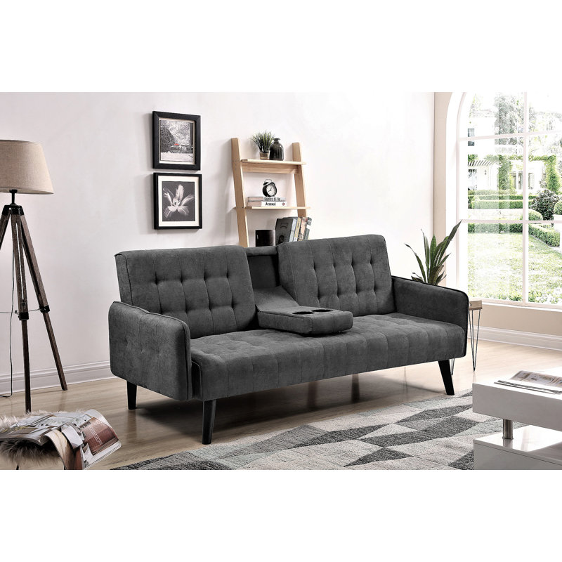 Canapé-lit de 72 po - Dossier convertible pliant en lit double avec porte-gobelet et table rabattable - Canapé en lin compact pour petits espaces - Assemblage facile, gris foncé
