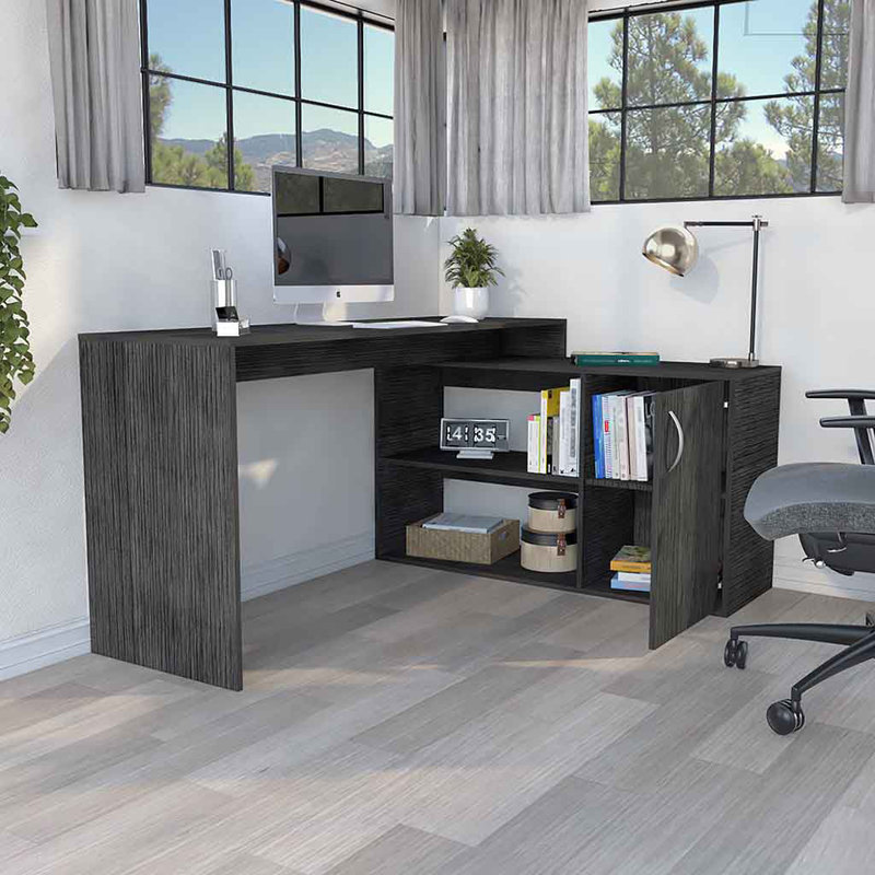 Bureau d'ordinateur moderne en L avec rangement ouvert et fermé - chêne Smokey, Chêne fumé