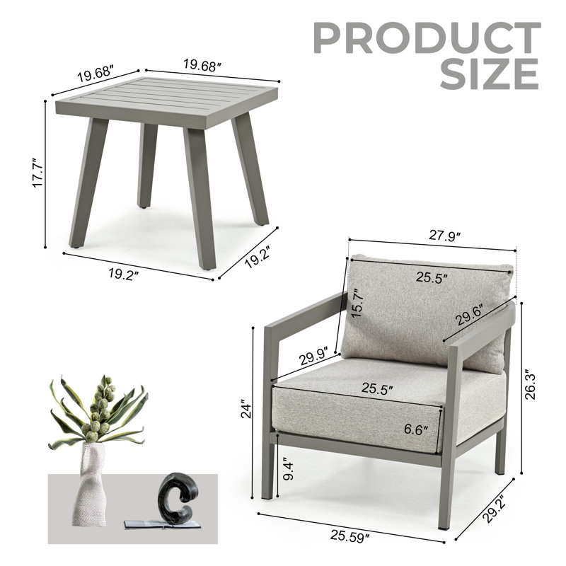Ensemble de conversation de patio en aluminium 3 pièces avec coussins gris Trombley